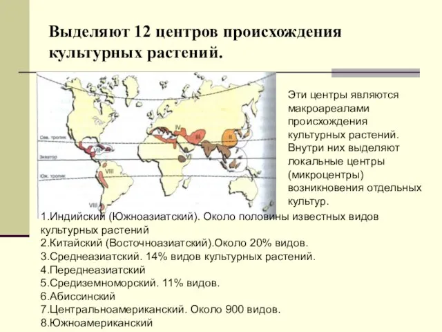 Выделяют 12 центров происхождения культурных растений. Эти центры являются макроареалами происхождения культурных