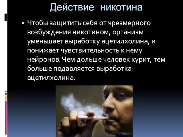 Действие никотина Чтобы защитить себя от чрезмерного возбуждения никотином, организм уменьшает выработку