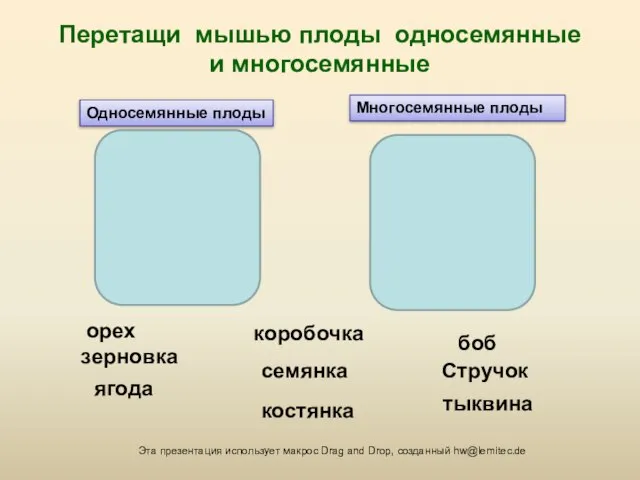 Перетащи мышью плоды односемянные и многосемянные ягода семянка боб тыквина коробочка Стручок