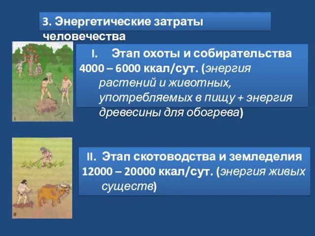 3. Энергетические затраты человечества Этап охоты и собирательства 4000 – 6000 ккал/сут.