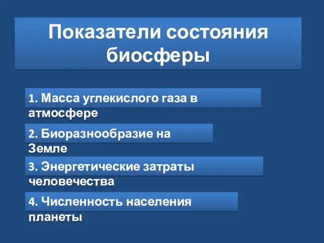 Показатели состояния биосферы 1. Масса углекислого газа в атмосфере 2. Биоразнообразие на