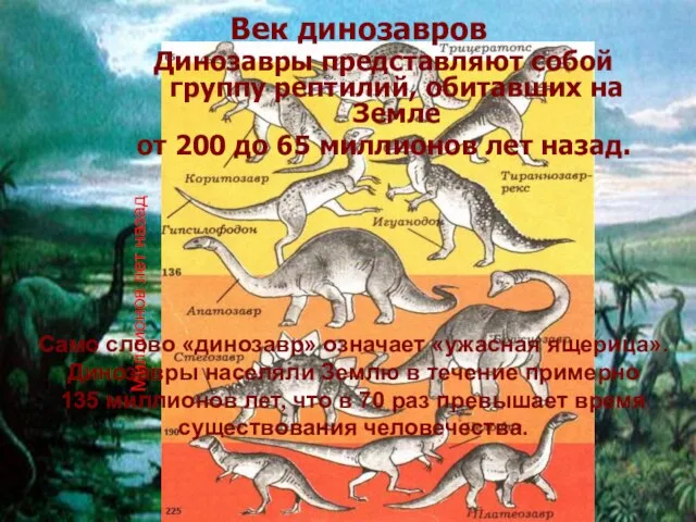 Век динозавров Динозавры представляют собой группу рептилий, обитавших на Земле от 200