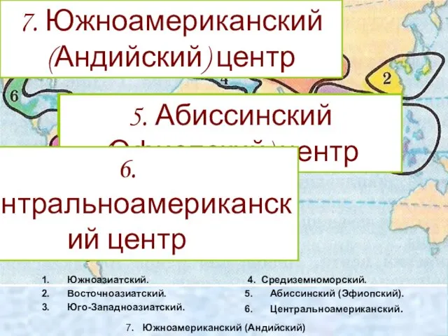 Южноазиатский. Восточноазиатский. Юго-Западноазиатский. 4. Средиземноморский. Абиссинский (Эфиопский). Центральноамериканский. 7. Южноамериканский (Андийский) 1.