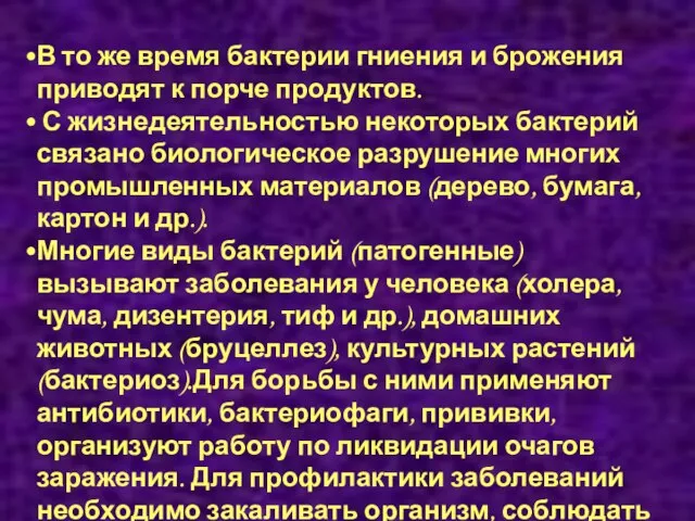 В то же время бактерии гниения и брожения приводят к порче продуктов.