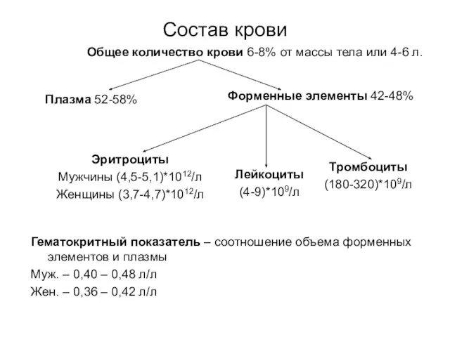 Состав крови Общее количество крови 6-8% от массы тела или 4-6 л.