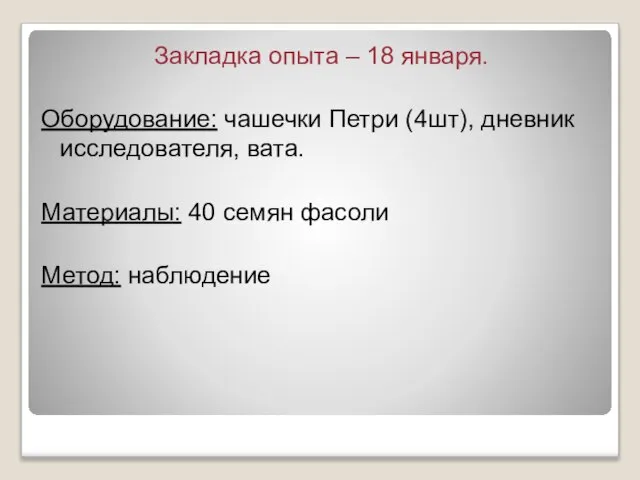 Закладка опыта – 18 января. Оборудование: чашечки Петри (4шт), дневник исследователя, вата.