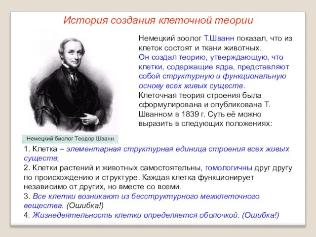 Немецкий зоолог Т.Шванн показал, что из клеток состоят и ткани животных. Он