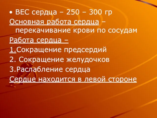 ВЕС сердца – 250 – 300 гр Основная работа сердца – перекачивание