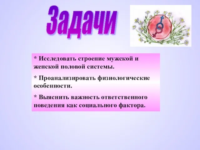 Задачи * Исследовать строение мужской и женской половой системы. * Проанализировать физиологические