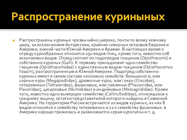 Распространение куриныных Распространены куриные чрезвычайно широко, почти по всему земному шару, за