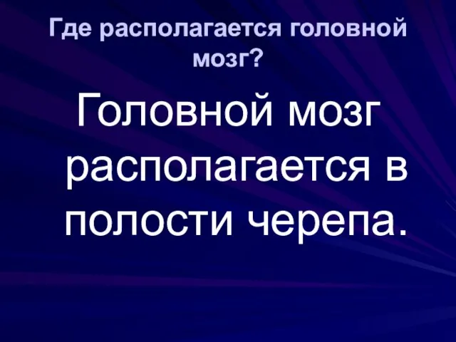 Где располагается головной мозг? Головной мозг располагается в полости черепа.