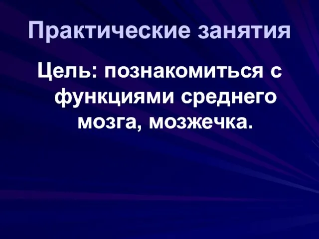 Практические занятия Цель: познакомиться с функциями среднего мозга, мозжечка.