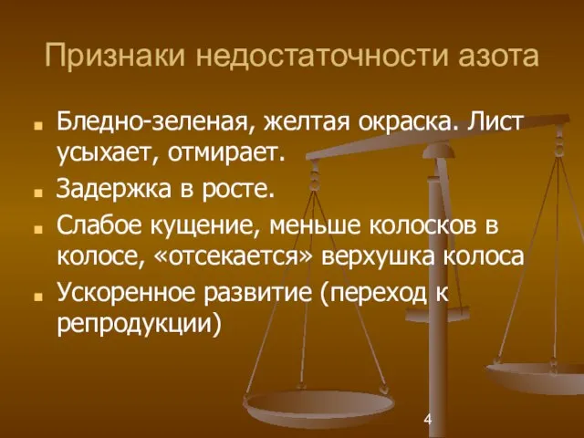 Признаки недостаточности азота Бледно-зеленая, желтая окраска. Лист усыхает, отмирает. Задержка в росте.