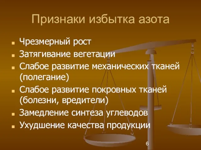 Признаки избытка азота Чрезмерный рост Затягивание вегетации Слабое развитие механических тканей (полегание)