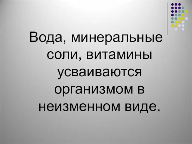 Вода, минеральные соли, витамины усваиваются организмом в неизменном виде.