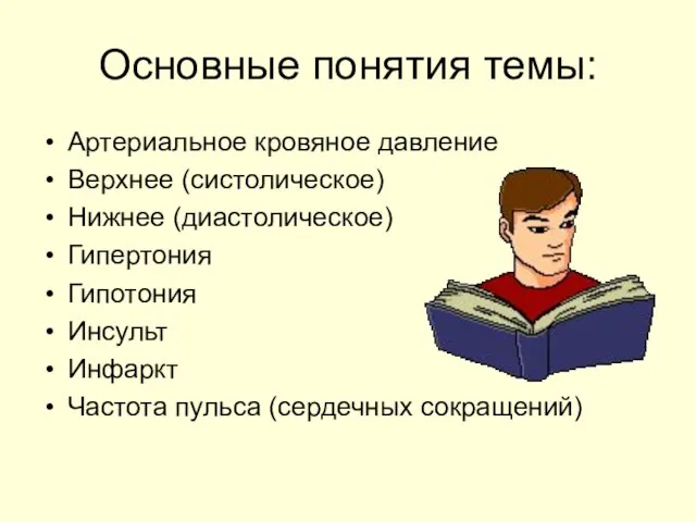 Основные понятия темы: Артериальное кровяное давление Верхнее (систолическое) Нижнее (диастолическое) Гипертония Гипотония