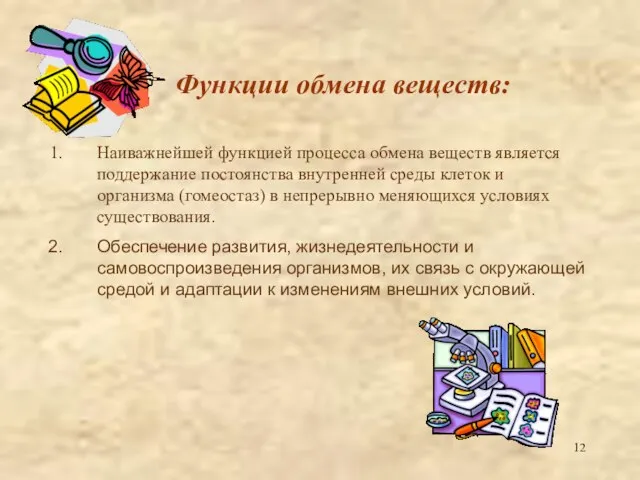 Функции обмена веществ: Наиважнейшей функцией процесса обмена веществ является поддержание постоянства внутренней