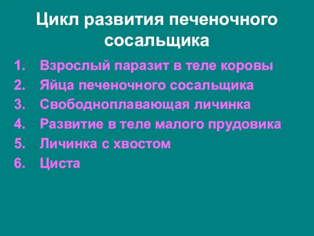 Цикл развития печеночного сосальщика Взрослый паразит в теле коровы Яйца печеночного сосальщика