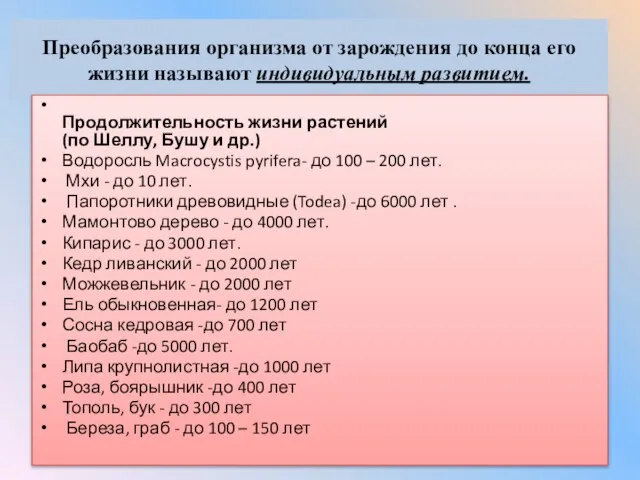 Преобразования организма от зарождения до конца его жизни называют индивидуальным развитием. Продолжительность