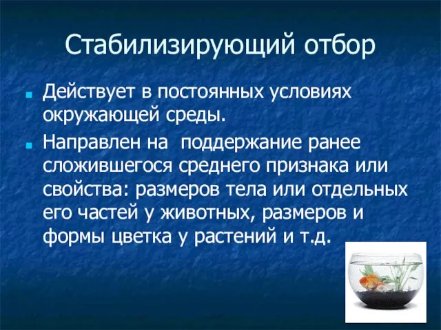 Стабилизирующий отбор Действует в постоянных условиях окружающей среды. Направлен на поддержание ранее