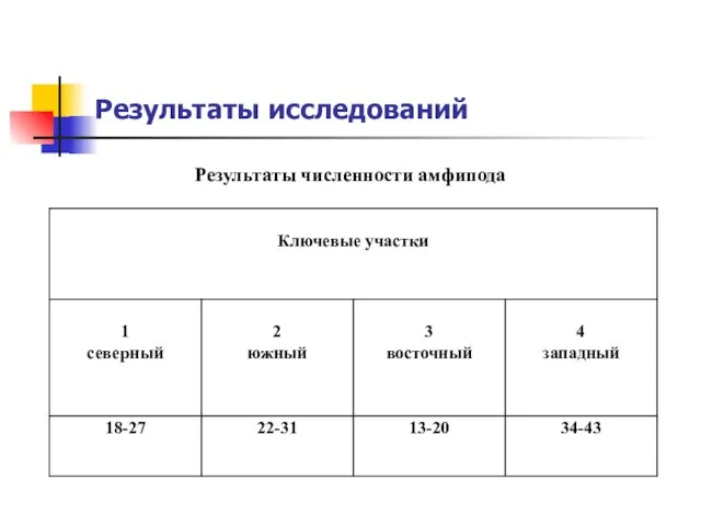 Результаты исследований Результаты численности амфипода