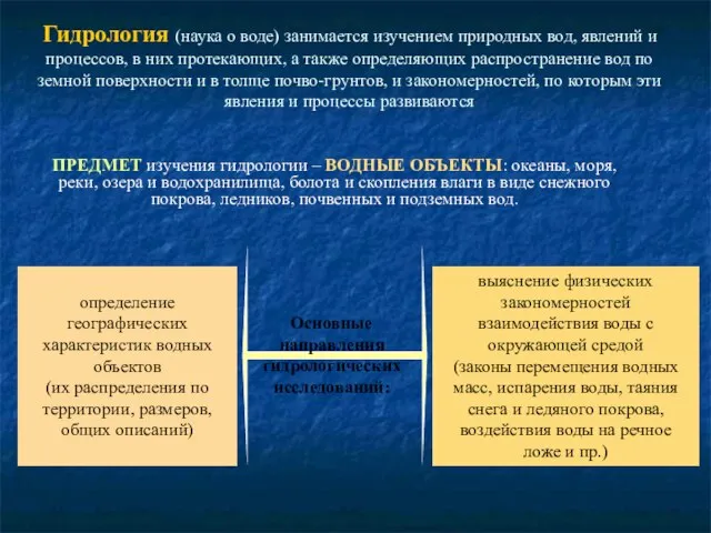 Гидрология (наука о воде) занимается изучением природных вод, явлений и процессов, в