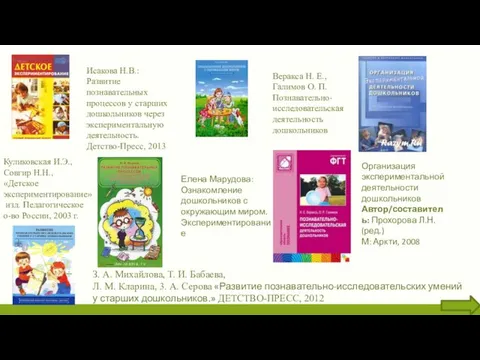 Куликовская И.Э., Совгир Н.Н., «Детское экспериментирование» изд. Педагогическое о-во России, 2003 г.