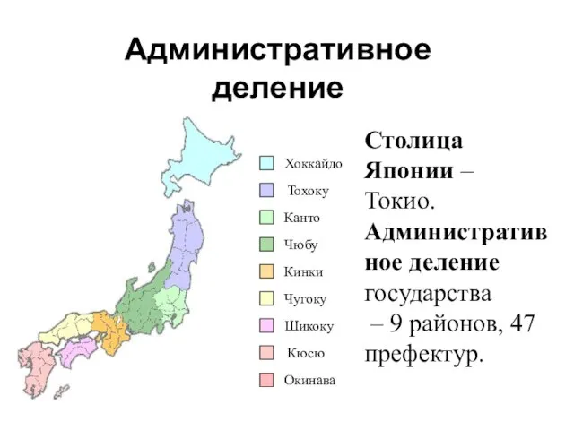 Столица Японии – Токио. Административное деление государства – 9 районов, 47 префектур. Административное деление