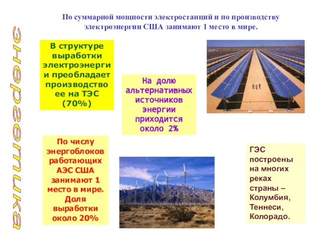 энергетика По суммарной мощности электростанций и по производству электроэнергии США занимают 1