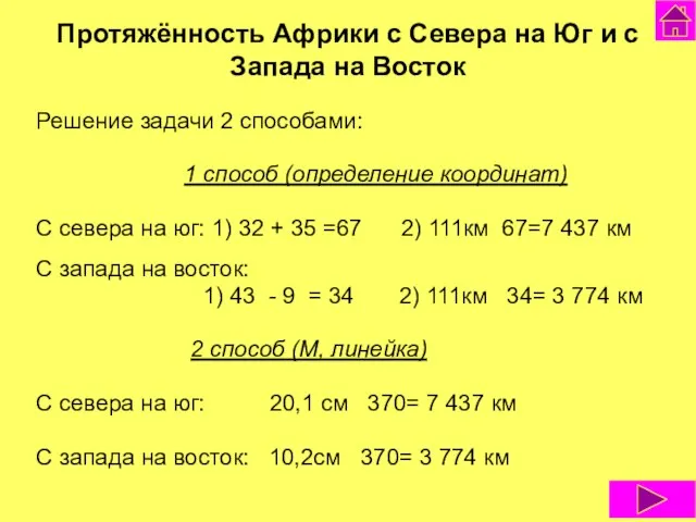 Решение задачи 2 способами: 1 способ (определение координат) С севера на юг: