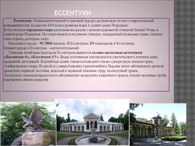 ЕССЕНТУКИ Ессентуки - бальнеологический и грязевой курорт, расположен на юге ставропольской возвышенности,