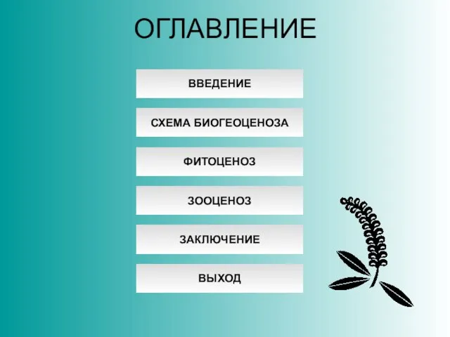 ОГЛАВЛЕНИЕ ЗАКЛЮЧЕНИЕ ЗООЦЕНОЗ ФИТОЦЕНОЗ СХЕМА БИОГЕОЦЕНОЗА ВВЕДЕНИЕ ВЫХОД