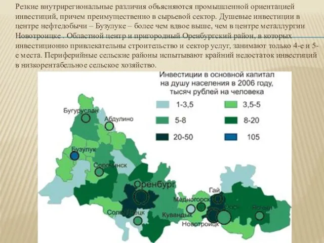 Резкие внутрирегиональные различия объясняются промышленной ориентацией инвестиций, причем преимущественно в сырьевой сектор.