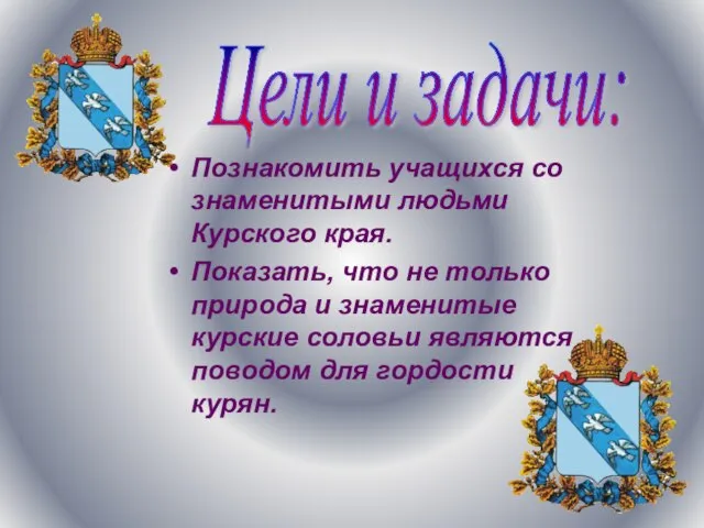 Цели и задачи: Познакомить учащихся со знаменитыми людьми Курского края. Показать, что