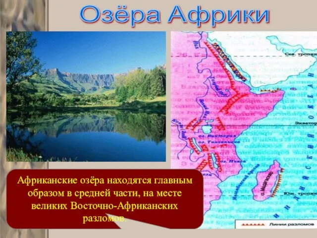 Озёра Африки Африканские озёра находятся главным образом в средней части, на месте великих Восточно-Африканских разломов.