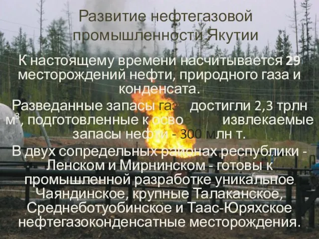 Развитие нефтегазовой промышленности Якутии К настоящему времени насчитывается 29 месторождений нефти, природного