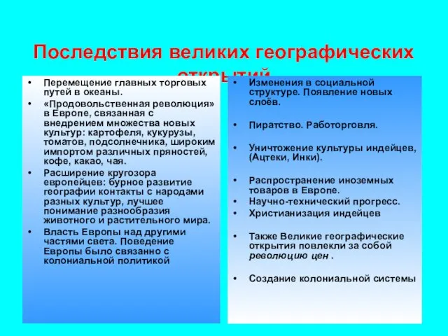 Последствия великих географических открытий Перемещение главных торговых путей в океаны. «Продовольственная революция»