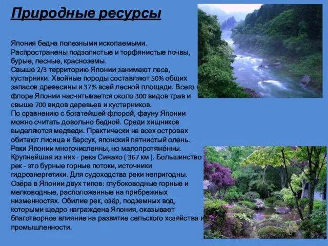 Природные ресурсы Япония бедна полезными ископаемыми. Распространены подзолистые и торфянистые почвы, бурые,