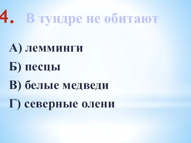 В тундре не обитают А) лемминги Б) песцы В) белые медведи Г) северные олени