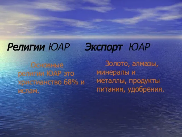 Религии ЮАР Экспорт ЮАР Основные религии ЮАР это христианство 68% и ислам.