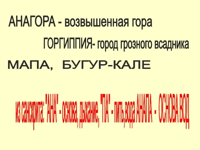 АНАГОРА - возвышенная гора ГОРГИППИЯ- город грозного всадника МАПА, БУГУР-КАЛЕ из санскрита: