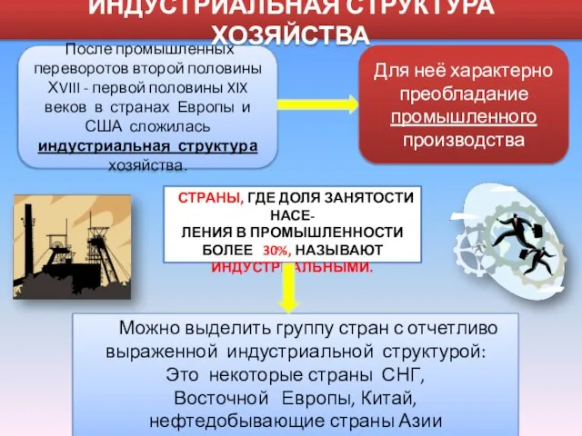 СТРАНЫ, ГДЕ ДОЛЯ ЗАНЯТОСТИ НАСЕ- ЛЕНИЯ В ПРОМЫШЛЕННОСТИ БОЛЕЕ 30%, НАЗЫВАЮТ ИНДУСТРИАЛЬНЫМИ.