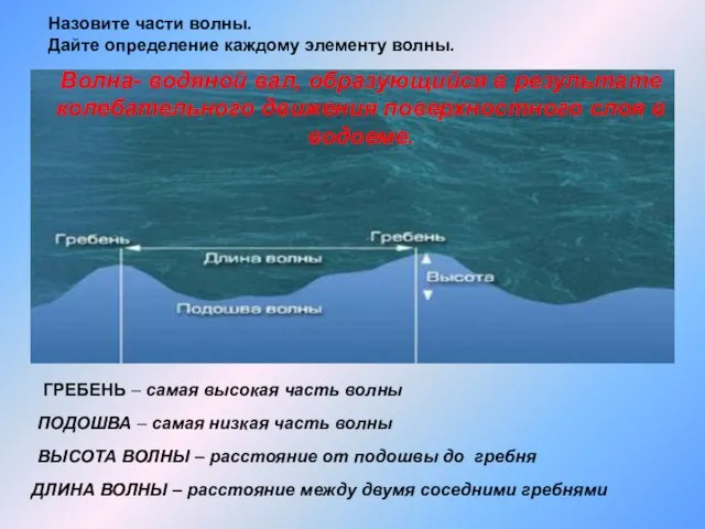 Назовите части волны. Дайте определение каждому элементу волны. ГРЕБЕНЬ – самая высокая