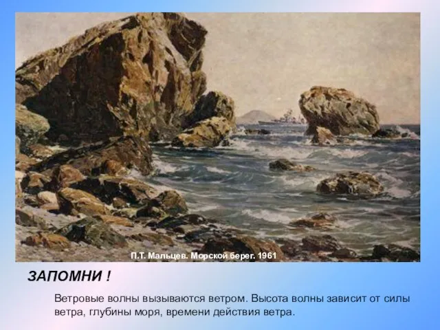 П.Т. Мальцев. Морской берег. 1961 ЗАПОМНИ ! Ветровые волны вызываются ветром. Высота