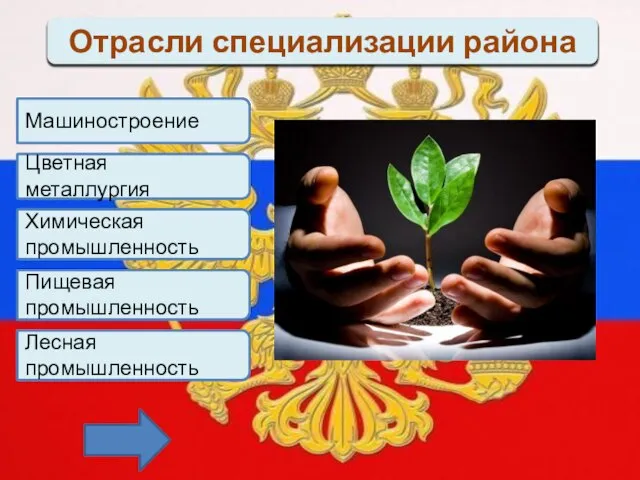 Отрасли специализации района Машиностроение Цветная металлургия Химическая промышленность Пищевая промышленность Лесная промышленность