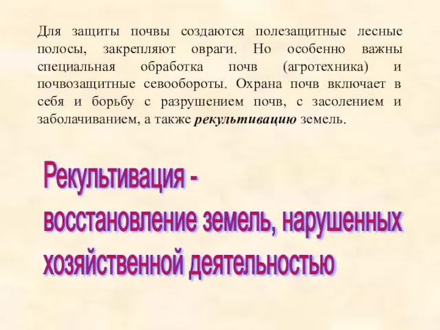 Для защиты почвы создаются полезащитные лесные полосы, закрепляют овраги. Но особенно важны