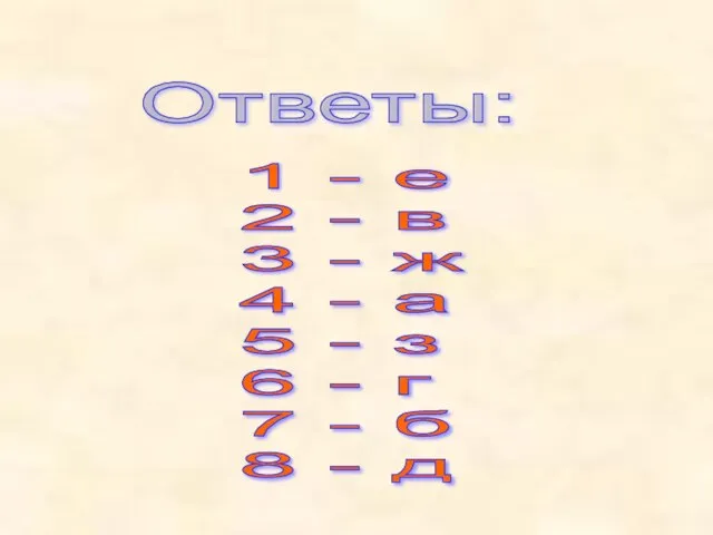 Ответы: 1 - е 2 - в 3 - ж 4 -