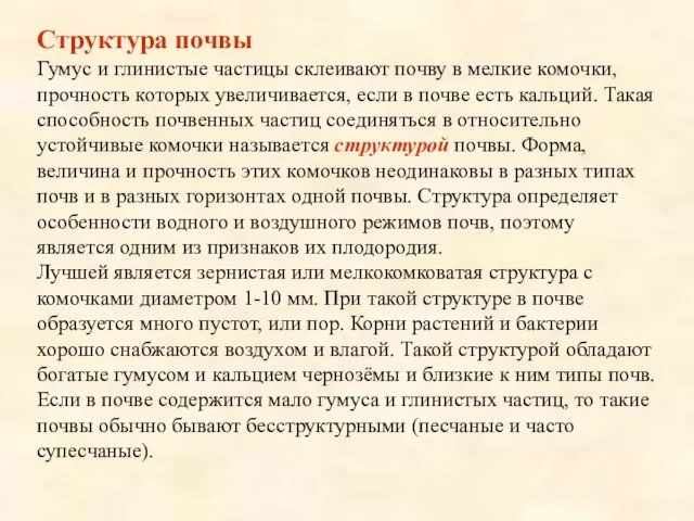 Структура почвы Гумус и глинистые частицы склеивают почву в мелкие комочки, прочность