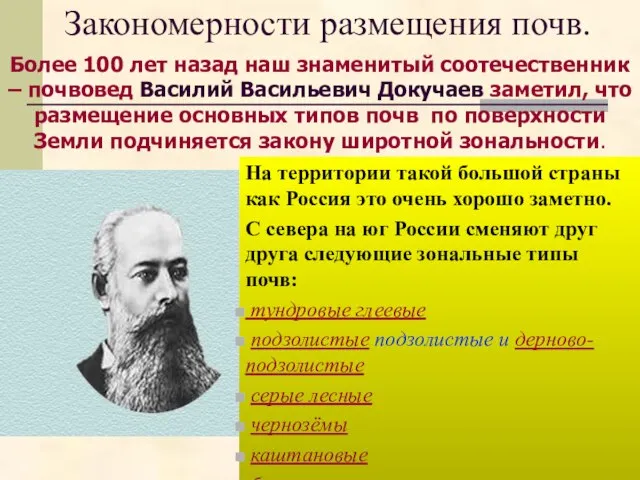 Закономерности размещения почв. На территории такой большой страны как Россия это очень