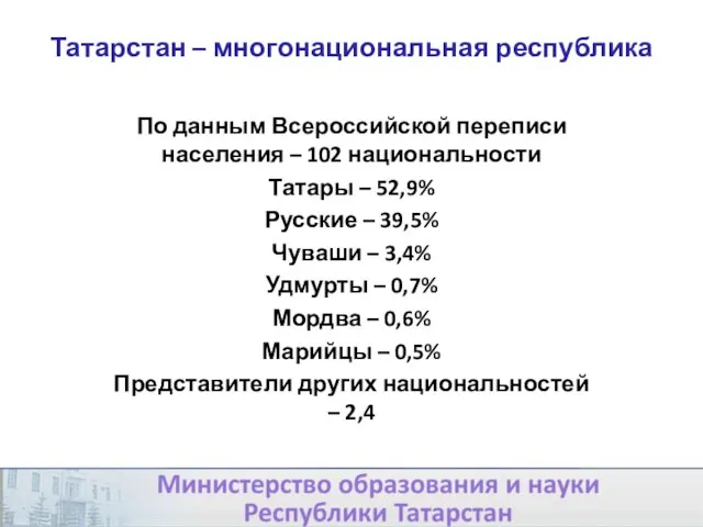 Татарстан – многонациональная республика По данным Всероссийской переписи населения – 102 национальности